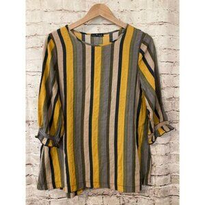 Emery Rose Top Womens Medium Mustard & Olive Vertical Striped Bell Sleeve